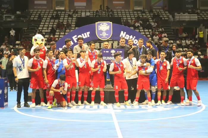 Timnas Futsal Indonesia pada turnamen Futsal Four Nations Cup 2025 di GBK Basket Hall, Senayan, Jakarta, Minggu (21/9/2025).