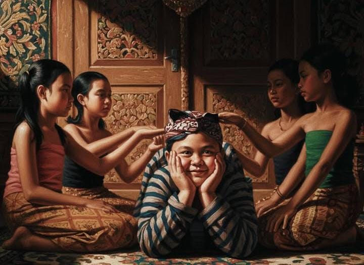 Ilustrasi orang bermain cublak-cublak suweng