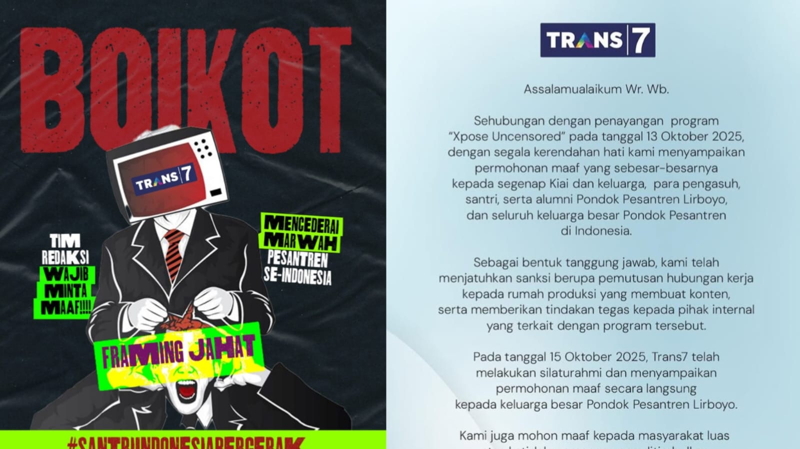Trans7 klarifikasi minta maaf