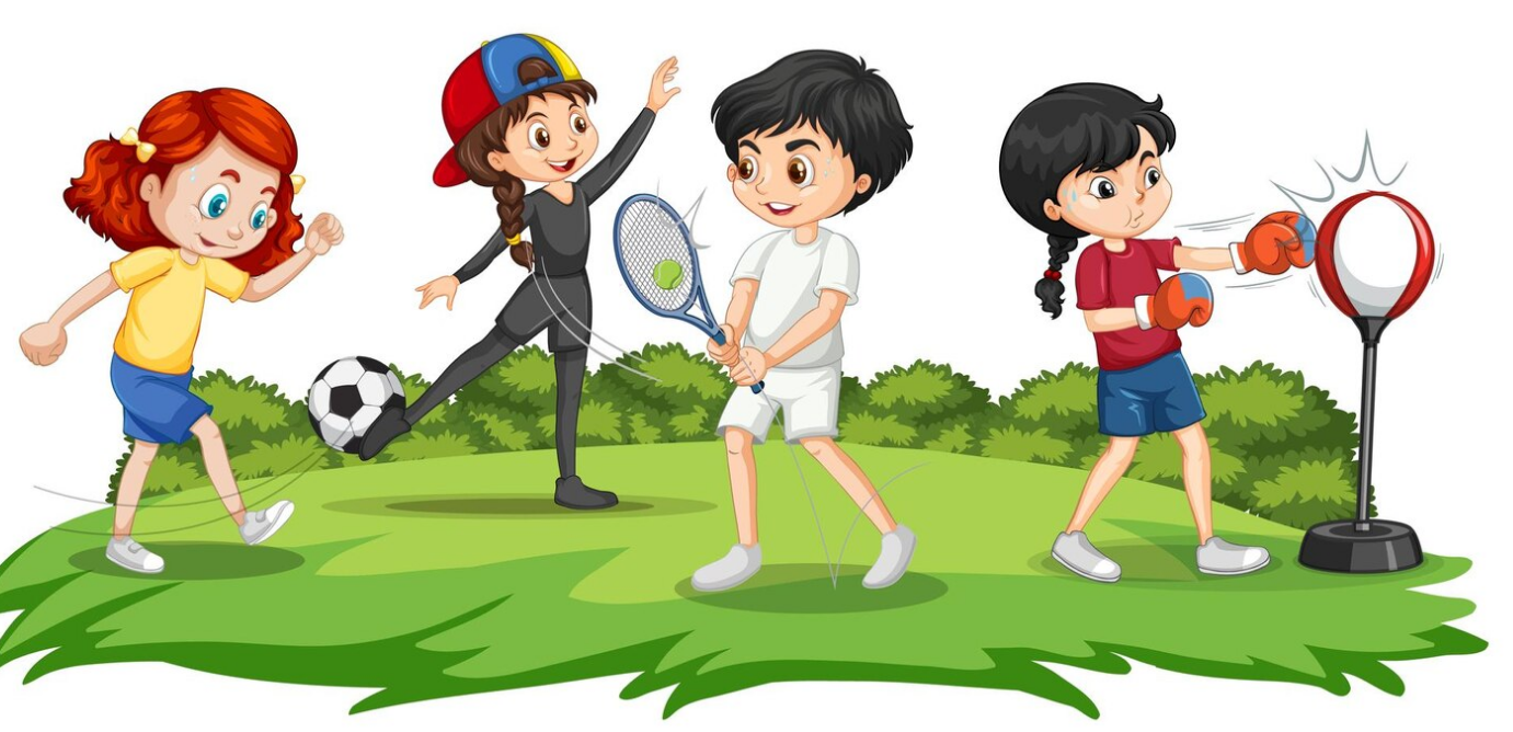 Anak - anak berolahraga sepak bola, bulu tangkis, senam, dan boxing