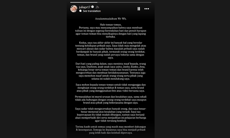 Permohonan maaf Julia Prastini atas dugaan perselingkuhannya di unggahan story Instagram