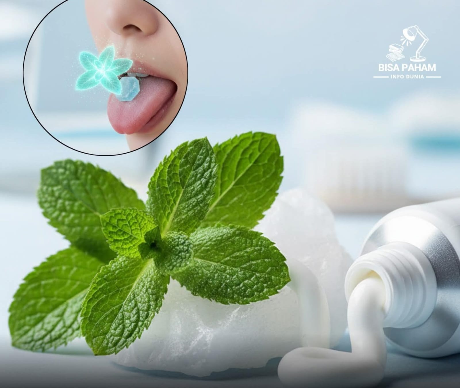Ilustrasi potret daun, permen, dan pasta mint