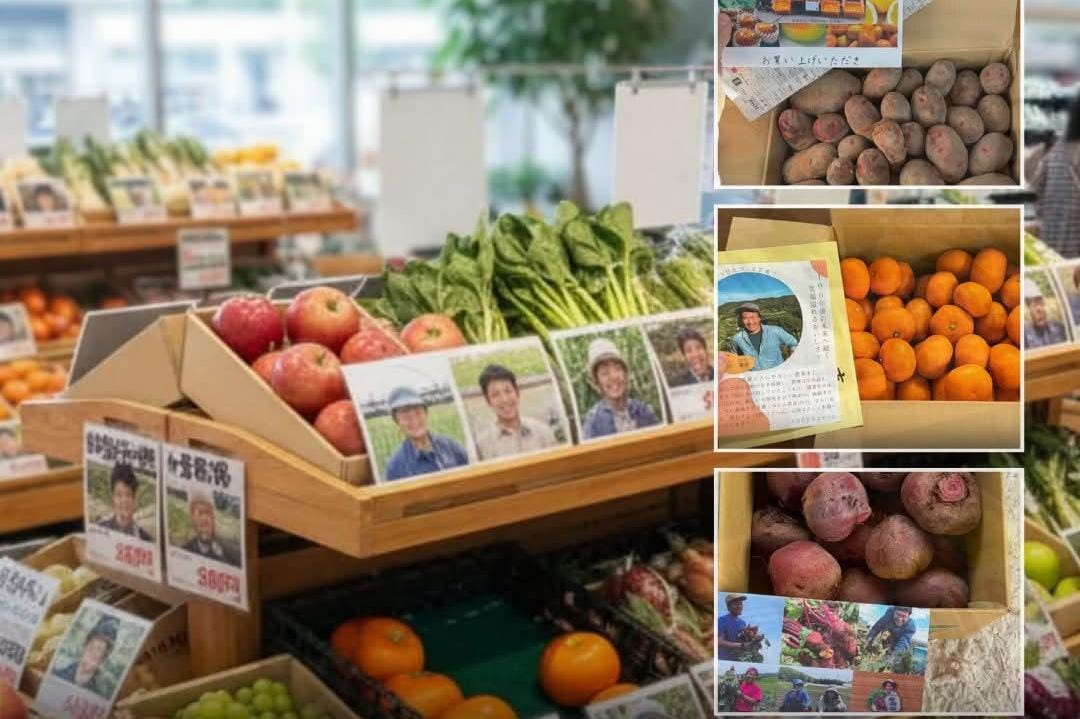 Potret foto petani Jepang yang terpampang didepan kota sayur dan buah
