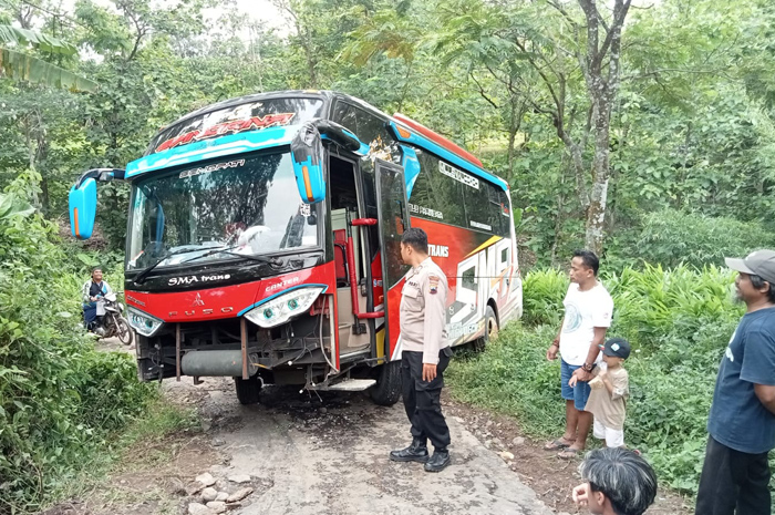 NYUNGSEP: Bus peziarah nyasar di area persawahan Desa Plukaran, Gembong pada Rabu (29/10).