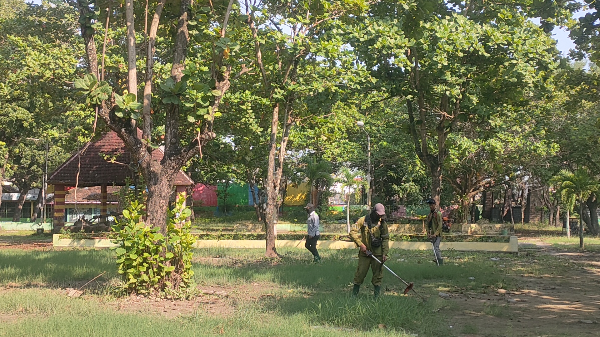 POTONG RUMPUT: Sejumlah petugas dari DLH Rembang tampak sibuk memotong rumput di Taman Kartini.