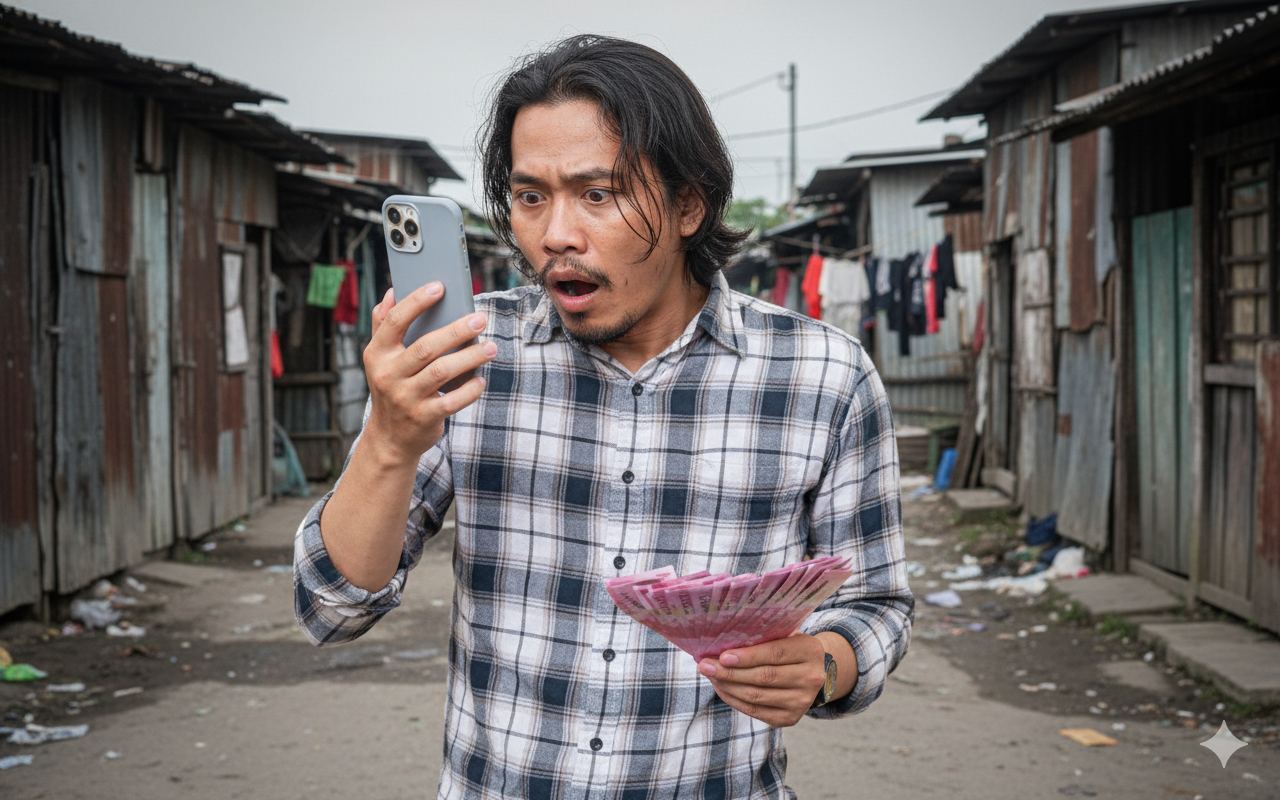 Ilustrasi pria kaget sedang memegang uang