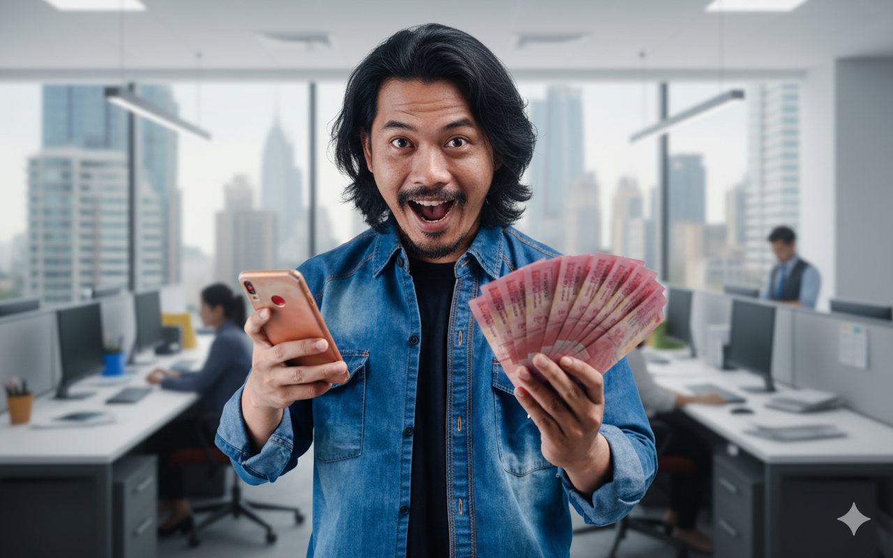 Ilustrasi pria kaget sedang memegang uang