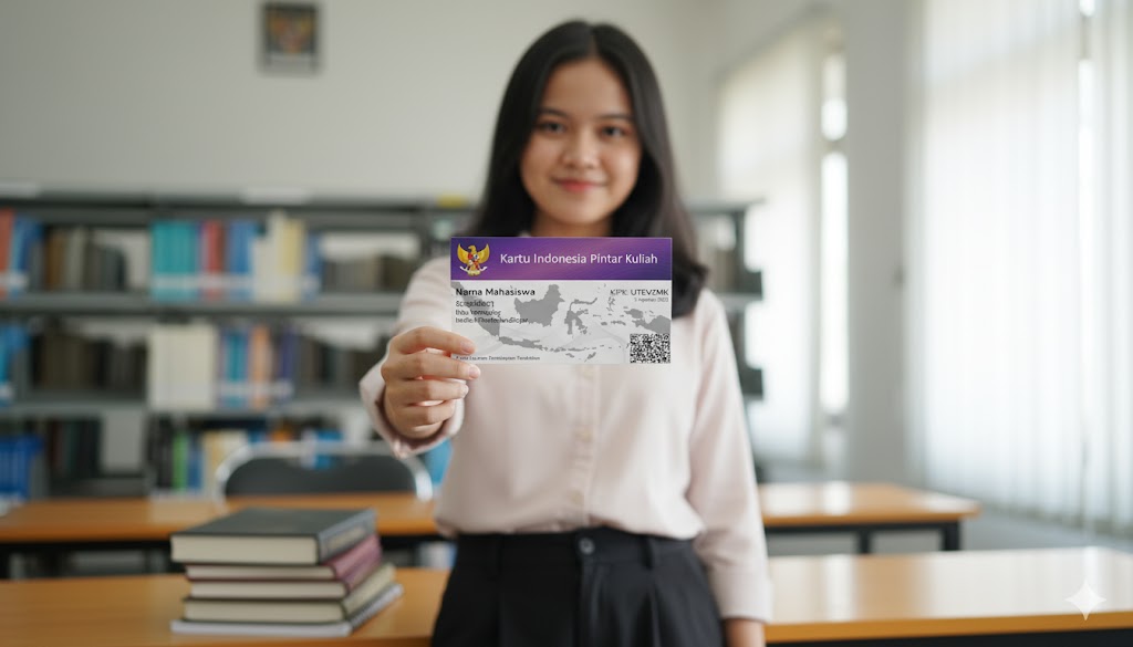 Ilustrasi mahasiswa sedang memegang KIP (kartu Indonesia Pintar) Kuliah