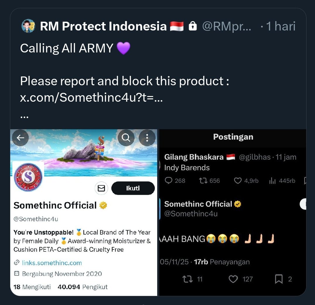 Tangkapan layar unggahan akun RM Protect Indonesia yang mengajak ARMY untuk memboikot dan memblokir produk Somethinc di Twitter (X), awal memanasnya konflik antara fans K-pop dan brand lokal tersebut
