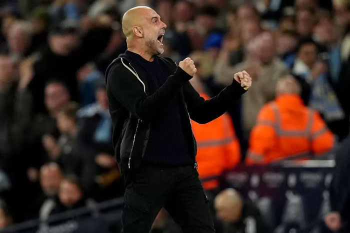 Selebrasi Pep Guardiola atas kemenangan Manchester City.