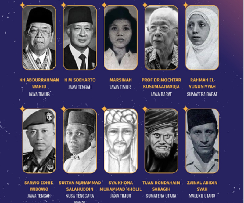 10 tokoh yang menerima gelar Pahlawan Nasional melalui Keppres Nomor 116/TK/Tahun 2025 tentang Penganugerahan Gelar Pahlawan Nasional.