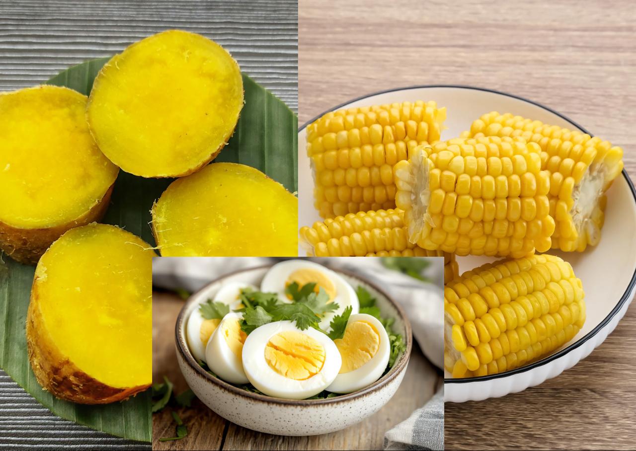 Makanan kukusan, ubi, jagung dan telur
