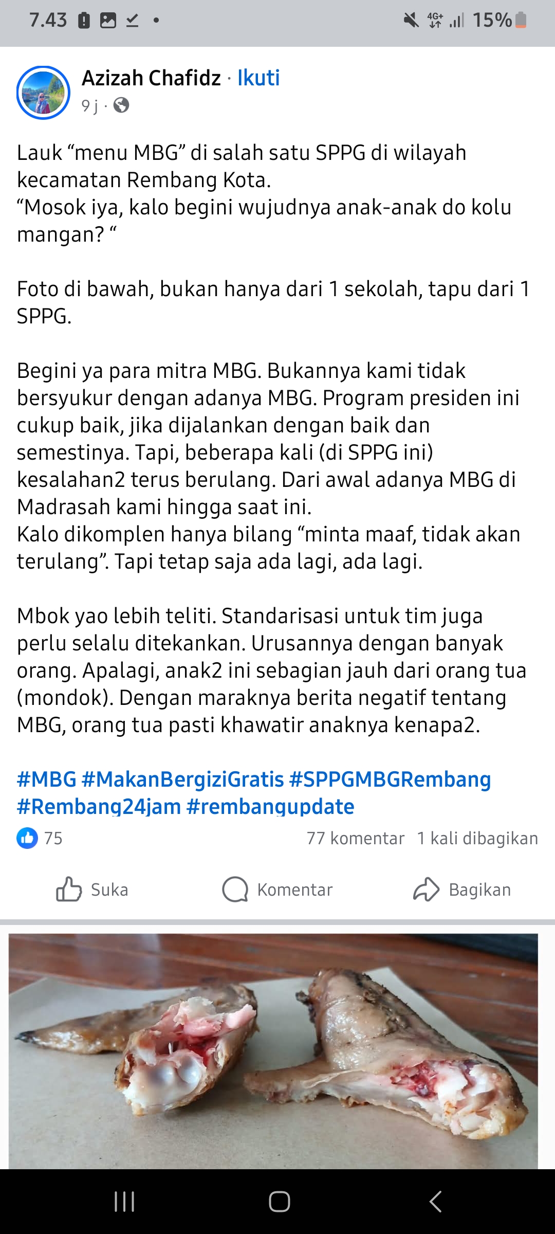 TANGKAPAN LAYAR HANDPHONE JADI SOROTAN: Postingan warga bernama Azizah Chafidz tentang menu MBG ayam yang diduga sudah busuk menuai sorotan masyarakat Rembang.