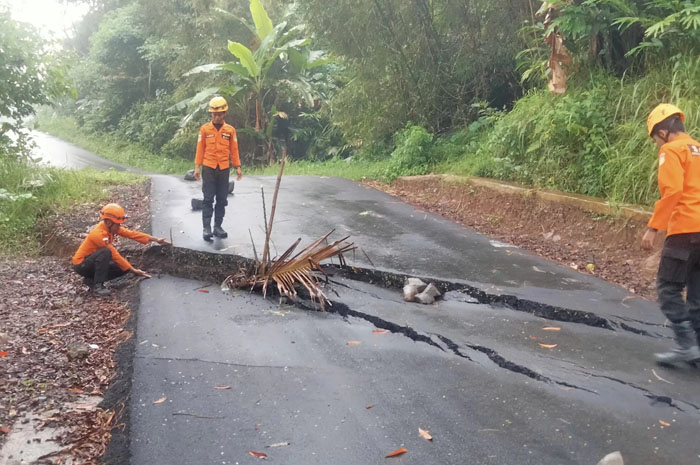 Ruas jalan Desa Purwosari Kaliwiro retak pada Kamis (20/11/2025) dini hari. Tanah bergerak ini juga terjadi tahun lalu.