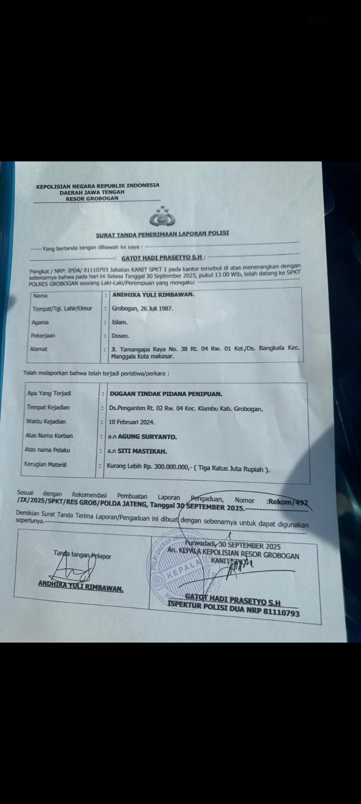 Surat laporan korban ke Polres Grobogan