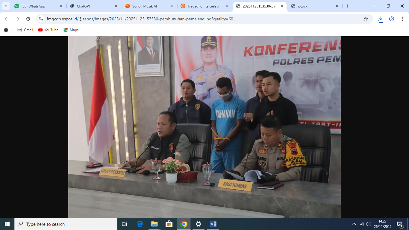 Gelar perkara penemuan jasad perempuan dengan kondisi kepala dibungkus plastik di Aula Tribrata Polres Pemalang, Selasa (25/11/2025). (Dok Polres Pemalang).