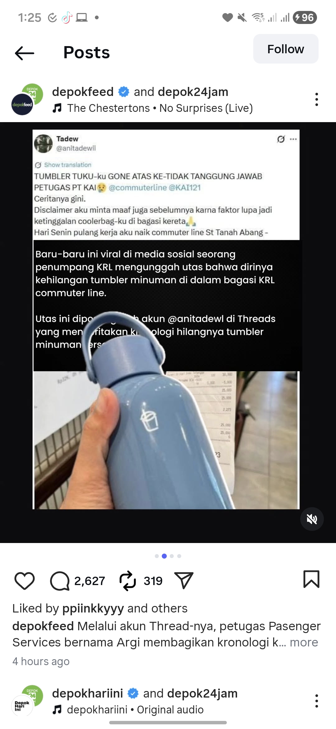 Postingan Kehilangan Tumbler TUKU di KAI