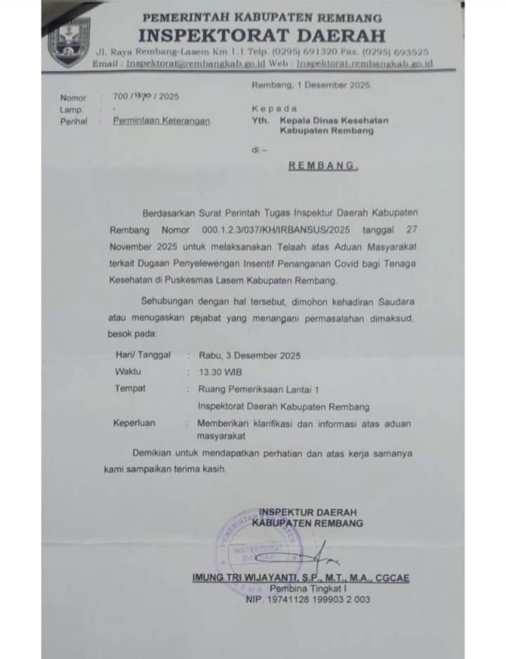 KLARIFIKASI: Inspektorat Kabupaten Rembang menerbitkan surat klarifikasi dugaan penyelewengan dana insentif penanganan Covid-19 tahun 2021 di Puskesmas Lasem.