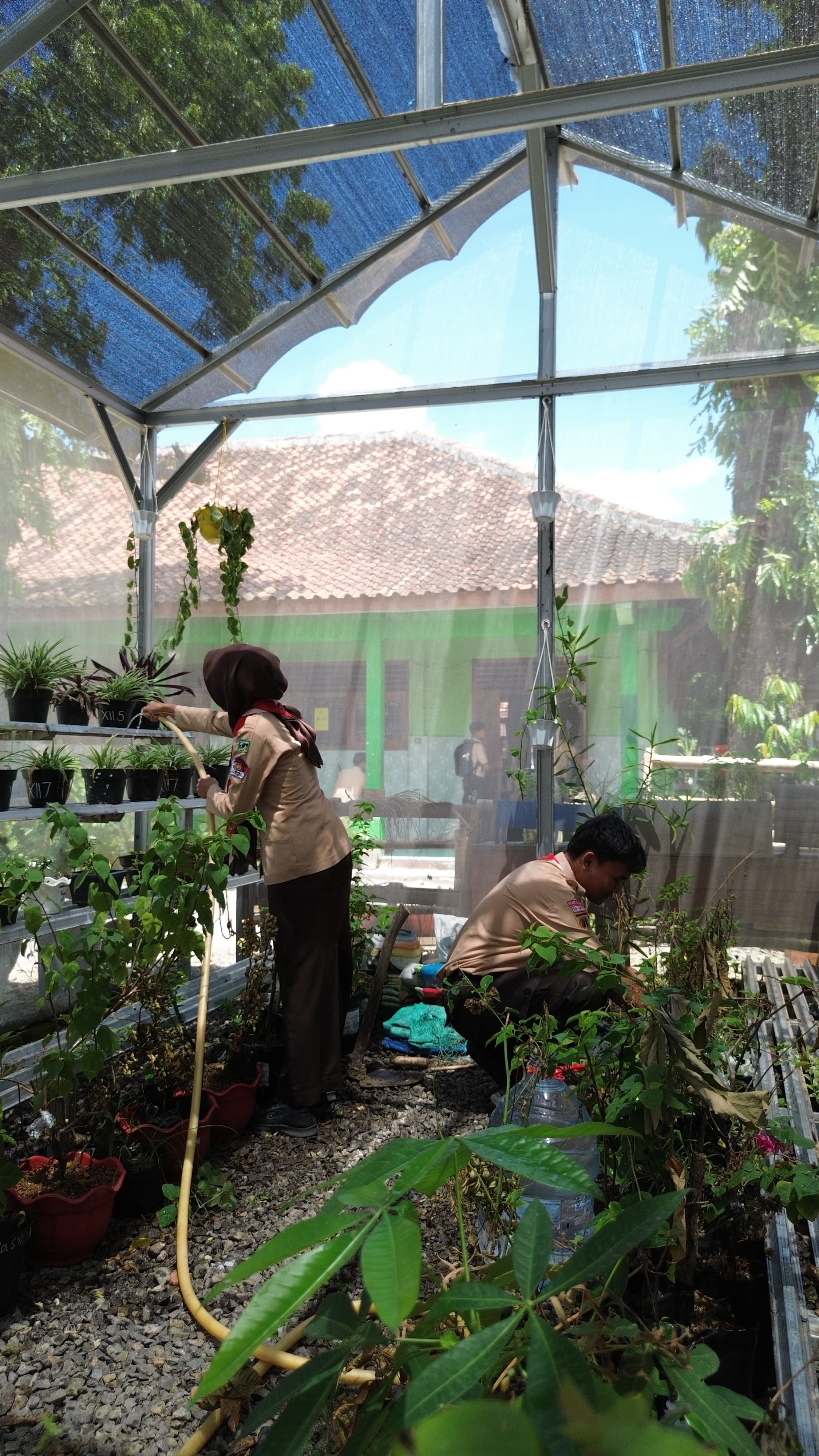 PENGHIJAUAN: Siswa SMAN 1 Kradenan saat merawat tanaman di sekolah.