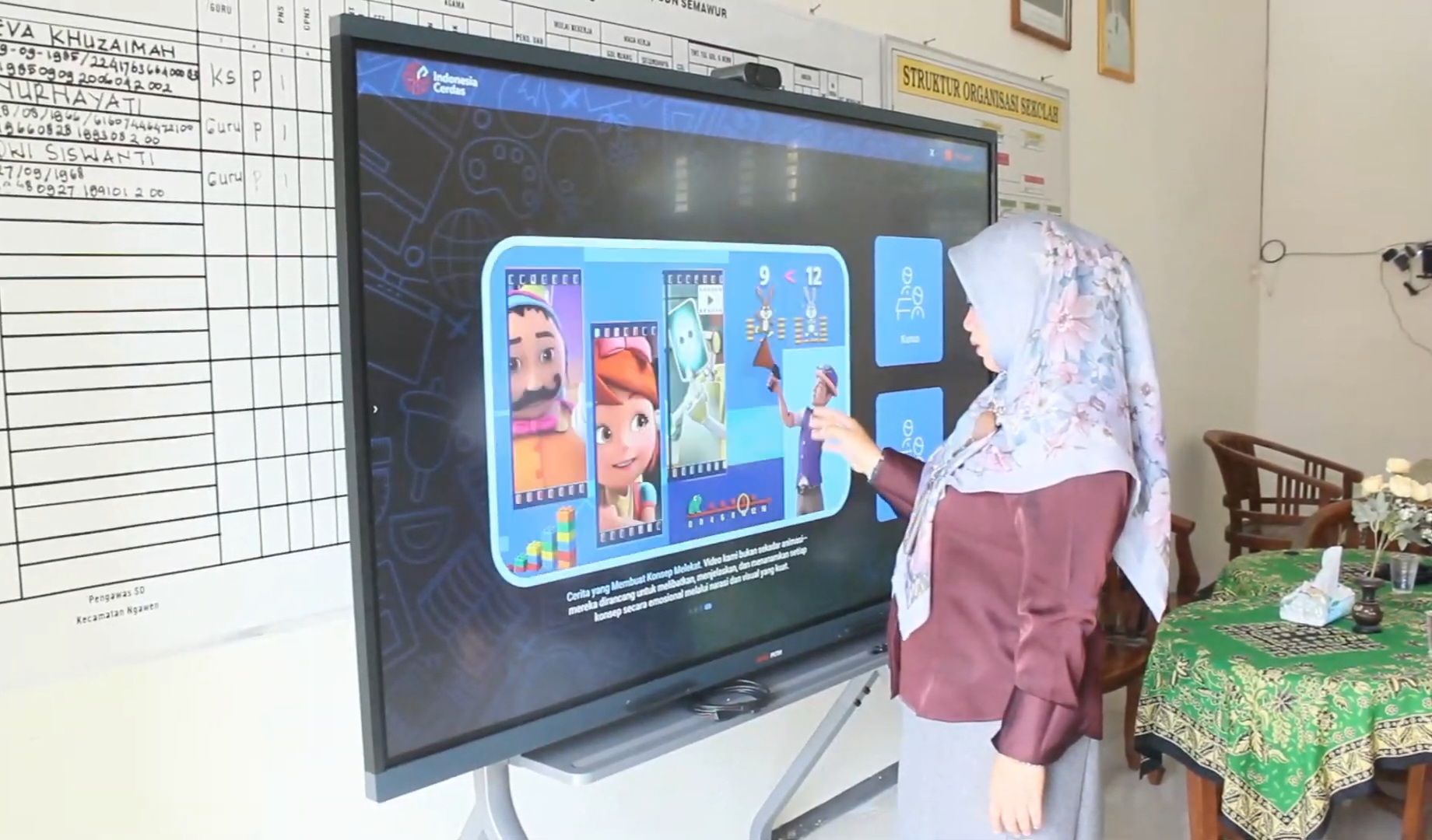 ANTUSIAS: Kepala SDN Semawur, Eva Khuzaimah saat mencoba Smart Board IFP Interactive Flat Panel (IFP).