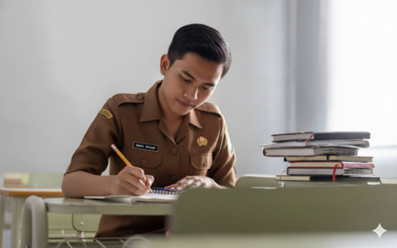 Ilustrasi guru sedang menulis catatan wali kelas di raport