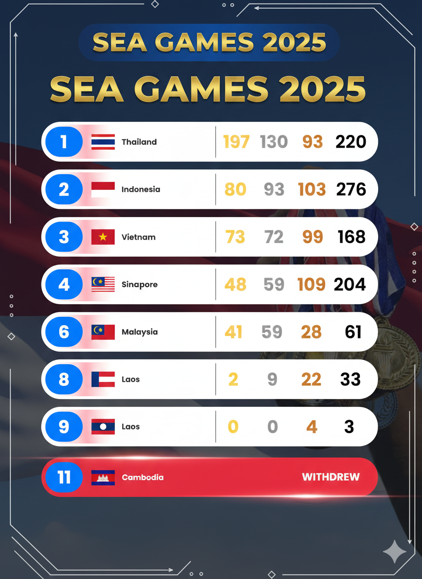 Tabel klasemen perolehan medali Sea Games 2025