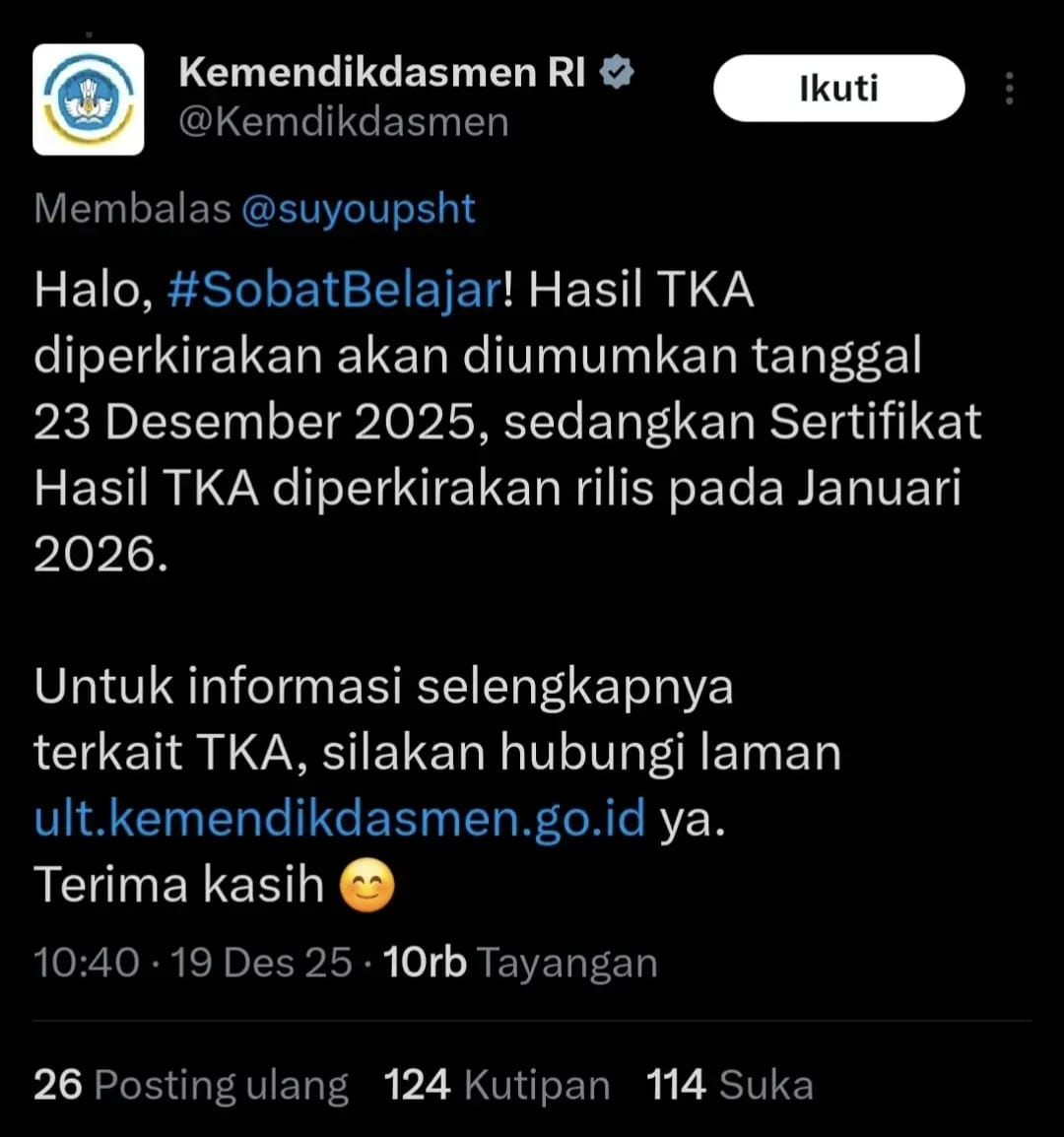 Unggahan Kemendisdakmen RI Mengenai TKA