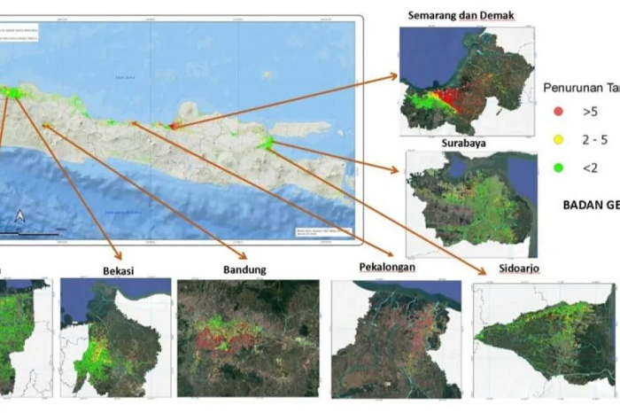 Peta Bada Geologi menunjukan Pulau Jawa yang mengalami penurunan muka tanah signifikan.