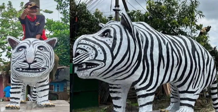 Patung macan putih di Desa Balongjeruk, Kediri, viral karena bentuknya yang unik.