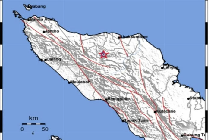Gambaran peta peristiwa gempa bumi di Kabupaten Bener Meriah, Aceh, Kamis (31/12/2025).