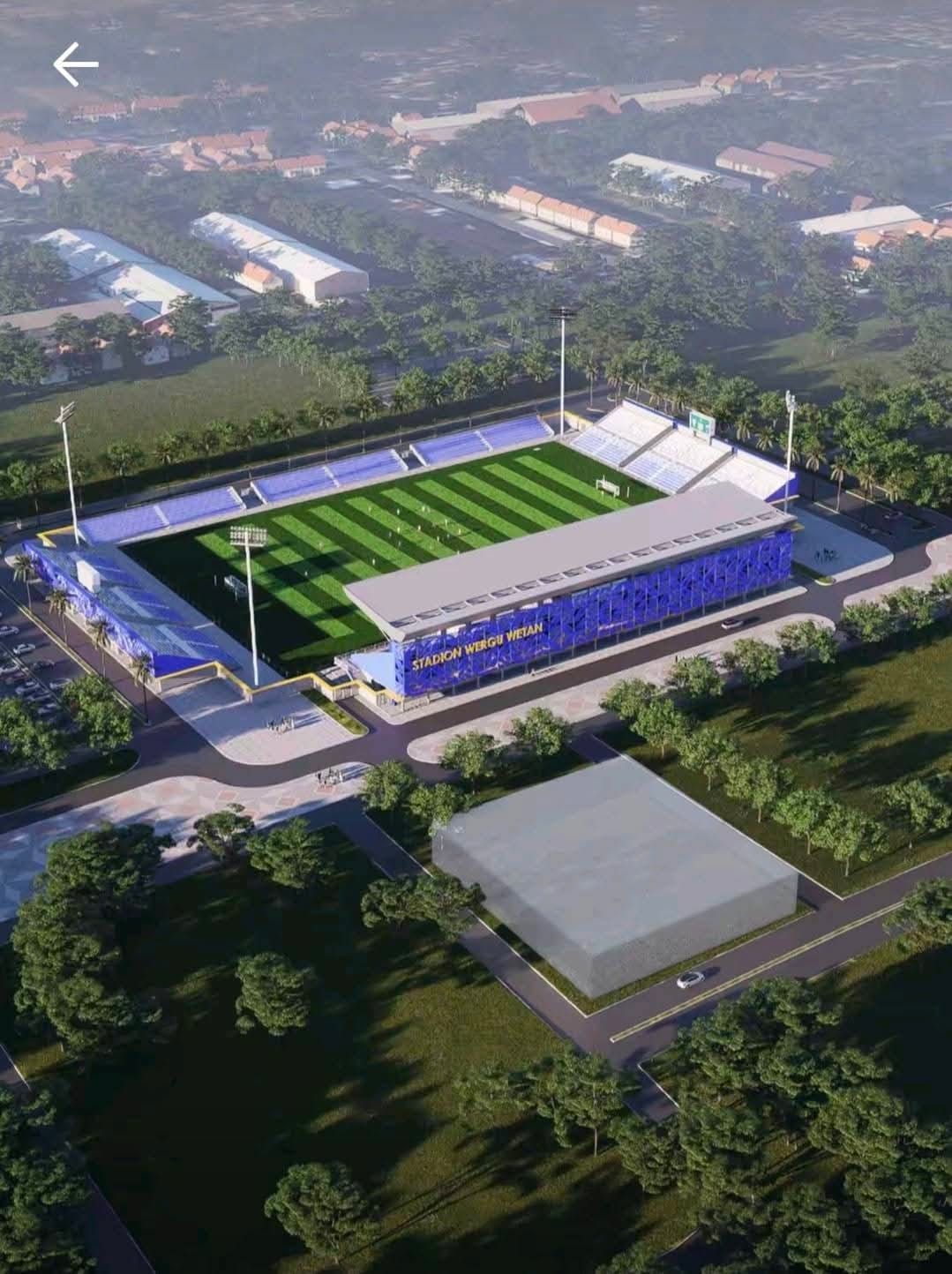 MODERN: Desain penampakan Stadion Wergu Wetan yang akan dibangun pada 2026-2027.  