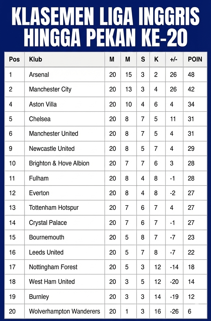 Klasemen liga inggris hingga pekan 20