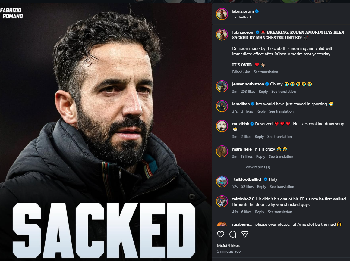 Ruben Amorim dipecat Manchester United dikabarkan oleh Fabrizio Romano