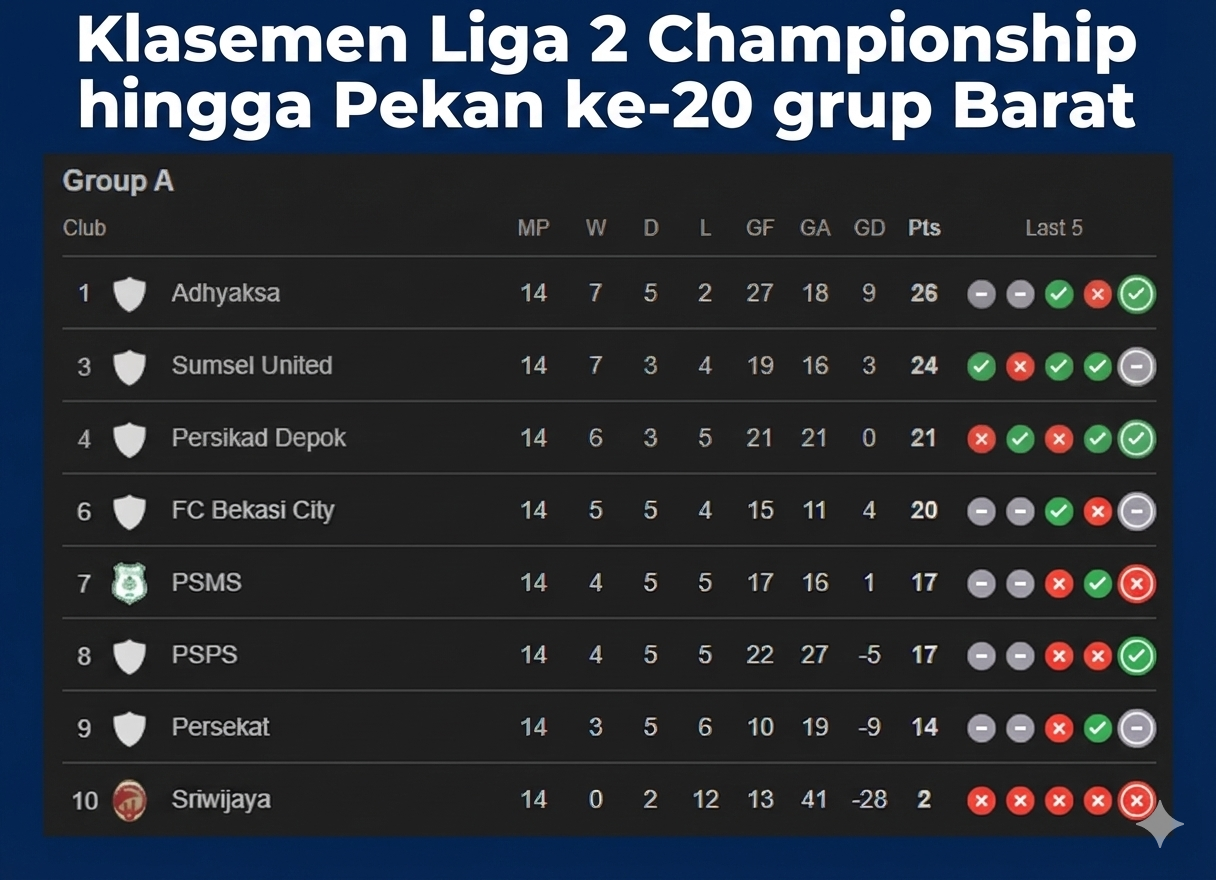Klasemen Liga 2 Championship hingga Pekan ke-20 grup Barat