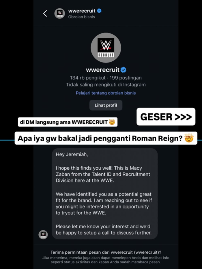 Postingan Instagram Jeremiah Lakhwani yang di DM langsung oleh WWE Recruit