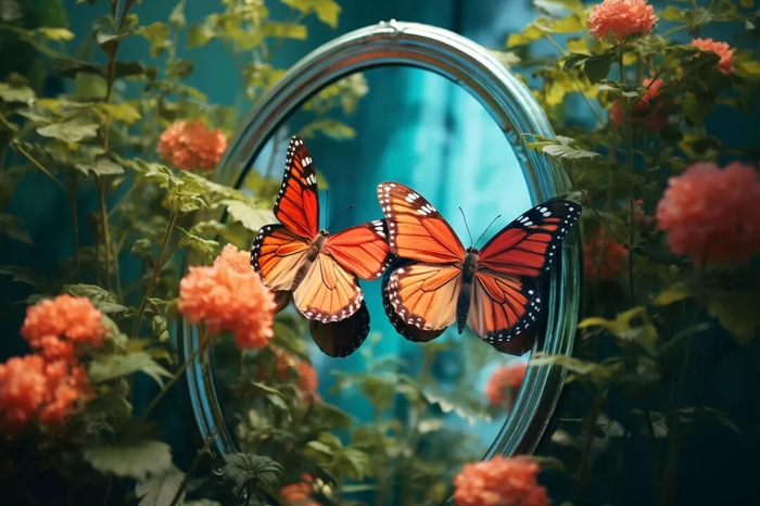 Ilustrasi kupu kupu hinggap di tanaman berbunga