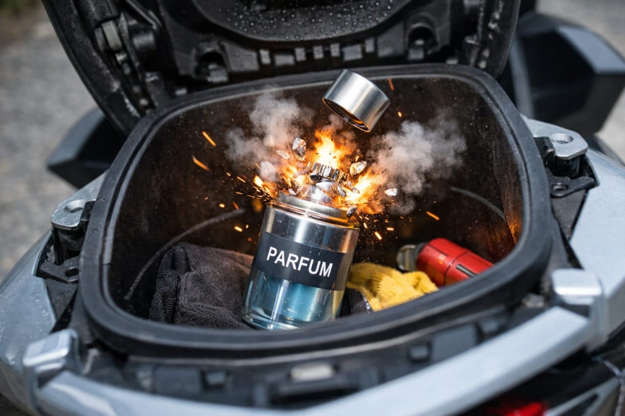 Ilustrasi botol parfum aerosol yang disimpan di dalam jok sepeda motor, berisiko pecah akibat suhu panas dan tekanan udara tinggi.