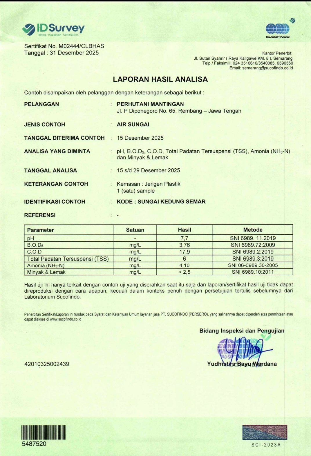 Hasil uji laboratorium dari PT Sucofindo atas dugaan kasus pencemaran  di Kedung Semar Mleatirejo, Kecamatan Bulu.