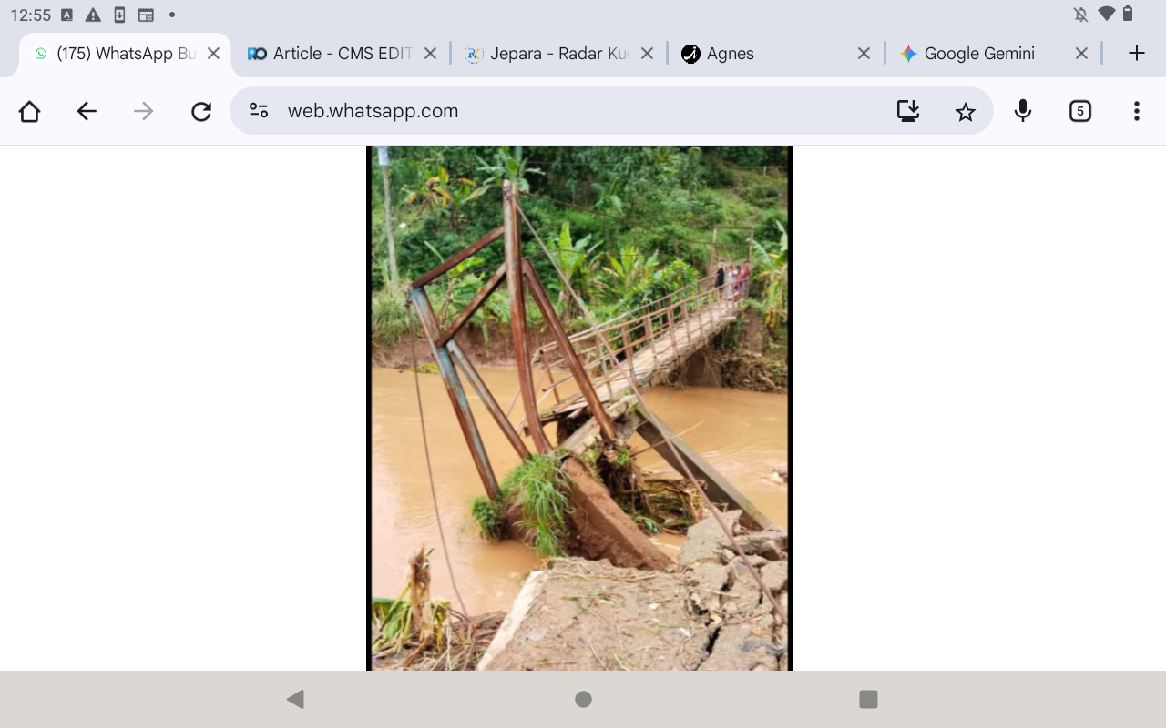MIRING: Kondisi jembatan penghubung Sumberrejo Jepara-Wedusan Pati yang rentan ambruk akibat diterjang banjir.