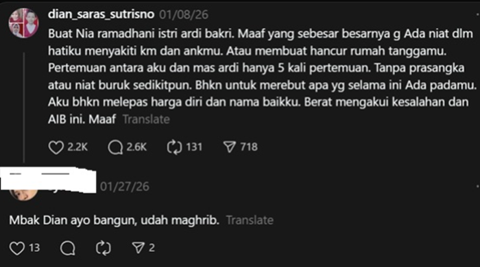 Tangkapan layar Akun Halu mengaku selingkuhan Ardi Bakrie.