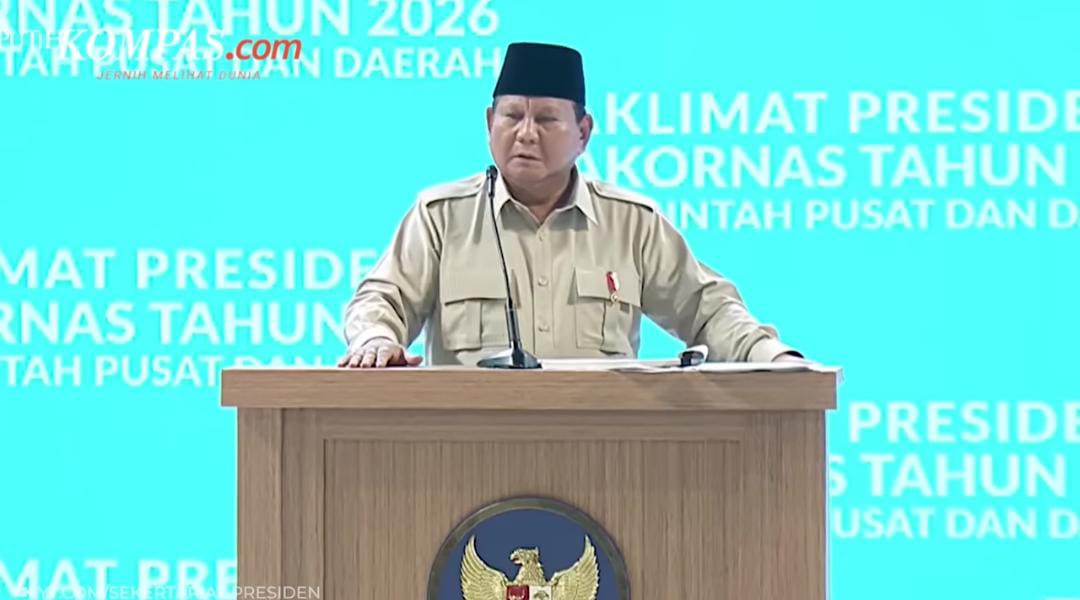 Prabowo ingatkan perang dunia ketiga di Rakornas 2026. (Foto: tangkapan layar dari Kompas.com)