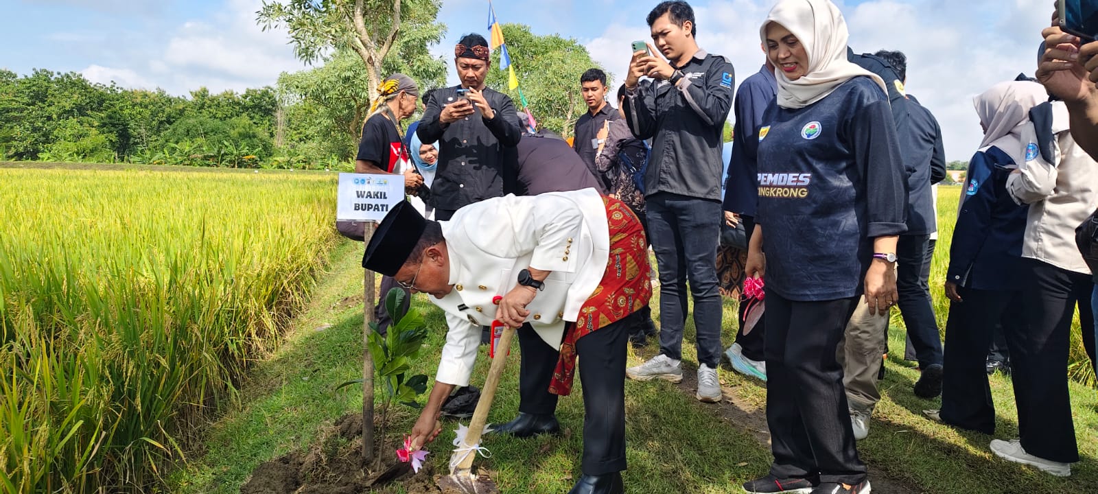TANAM POHON &ndash; Wakil Bupati Grobogan Sugeng Prasetyo melakukan penanaman pohon di tanggul Desa Cingkrong, Kecamatan Purwodadi.