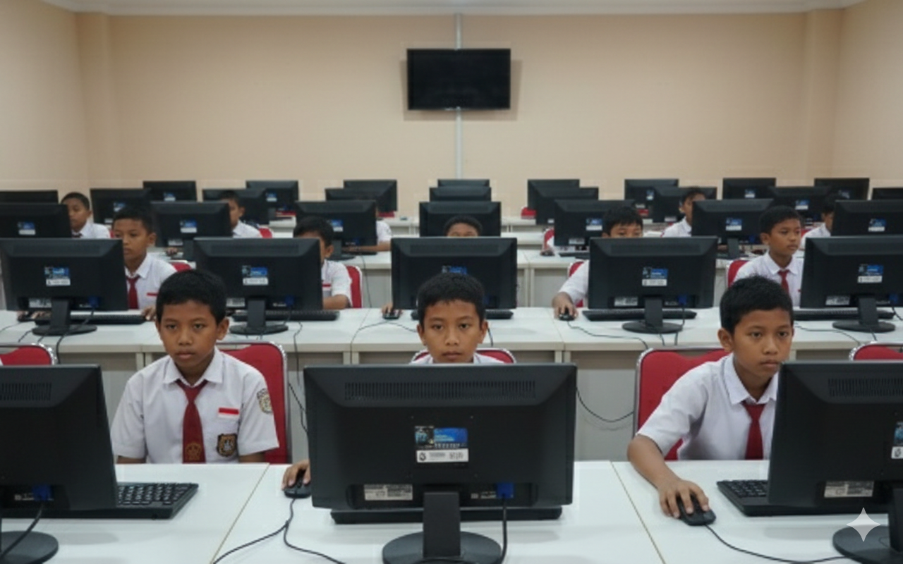 Ilustrasi siswa SD di depan komputer try out TKA