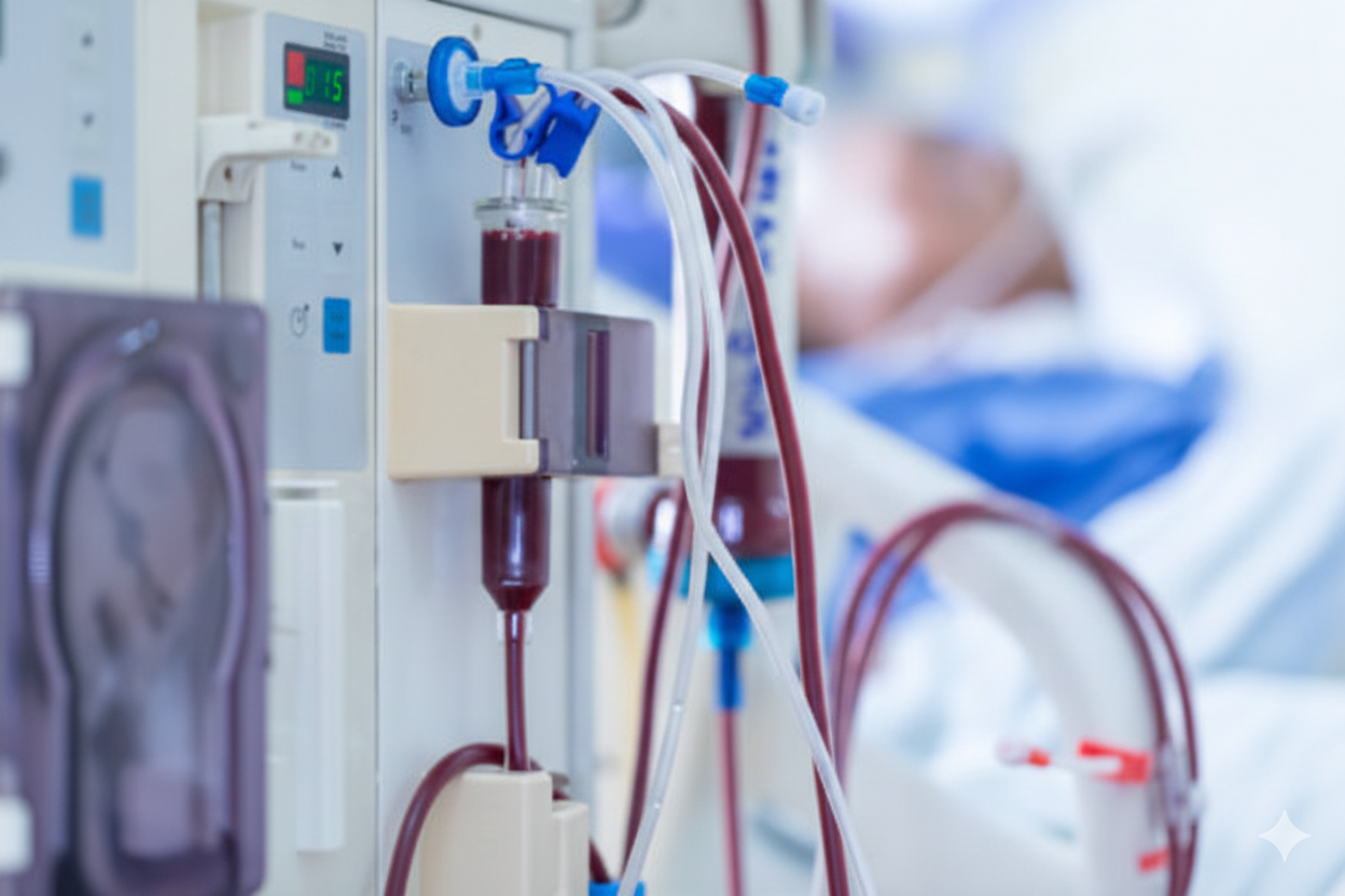 Mesin dialisis berfungsi. Bertindak sebagai pengganti ginjal untuk mengusir limbah dari tubuh