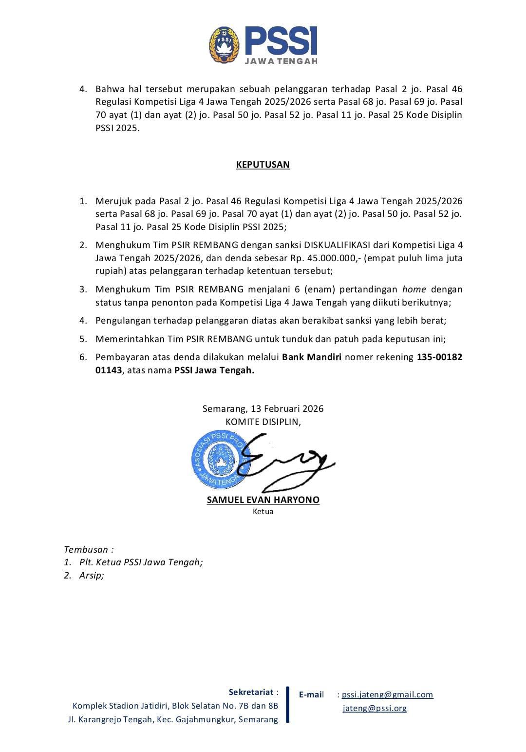 DOK. RADAR KUDUS KENA SANKSI: Surat dari Komdis PSSI Jateng yang dilayangkan kepada Tim PSIR Rembang kemarin.