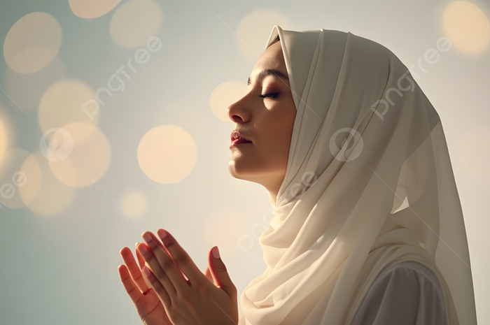 Ilustrasi wanita muslim berdoa dengan Tangan terulur