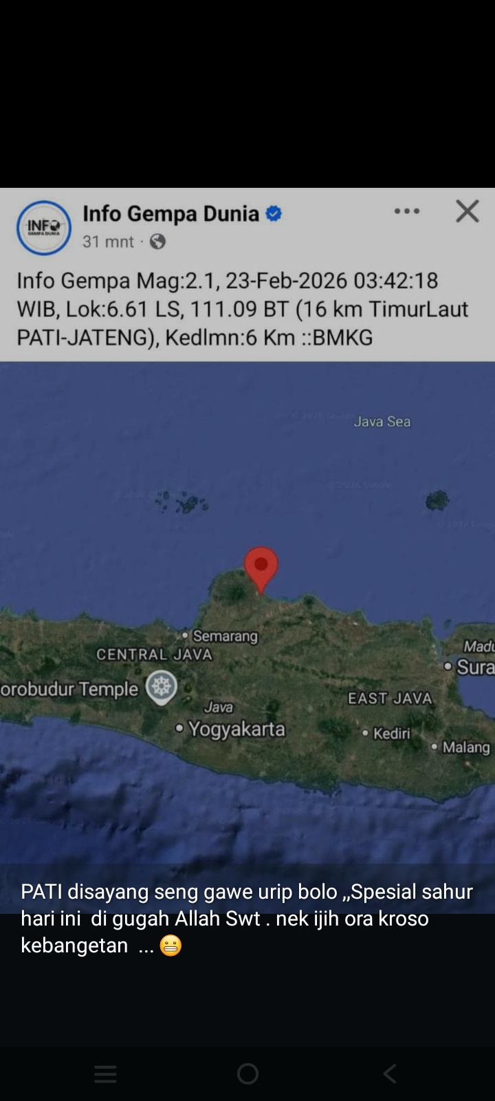   WASPADA: Gempa di pesisir Pati tercatat BMKG pada Senin (23/2).&nbsp;