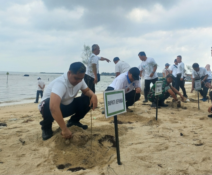 HIJAUKAN: Bupati Jepara Witiarso Utomo menanam pohon cemara laut di Pantai Bandengan pada Selasa (24/2) pagi.