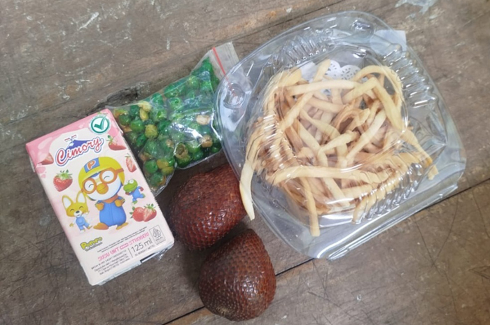 MINIMALIS: Menu MBG di SD Negeri 1 Jetis terdiri dari salak, susu, stik, dan kacang kapri. 