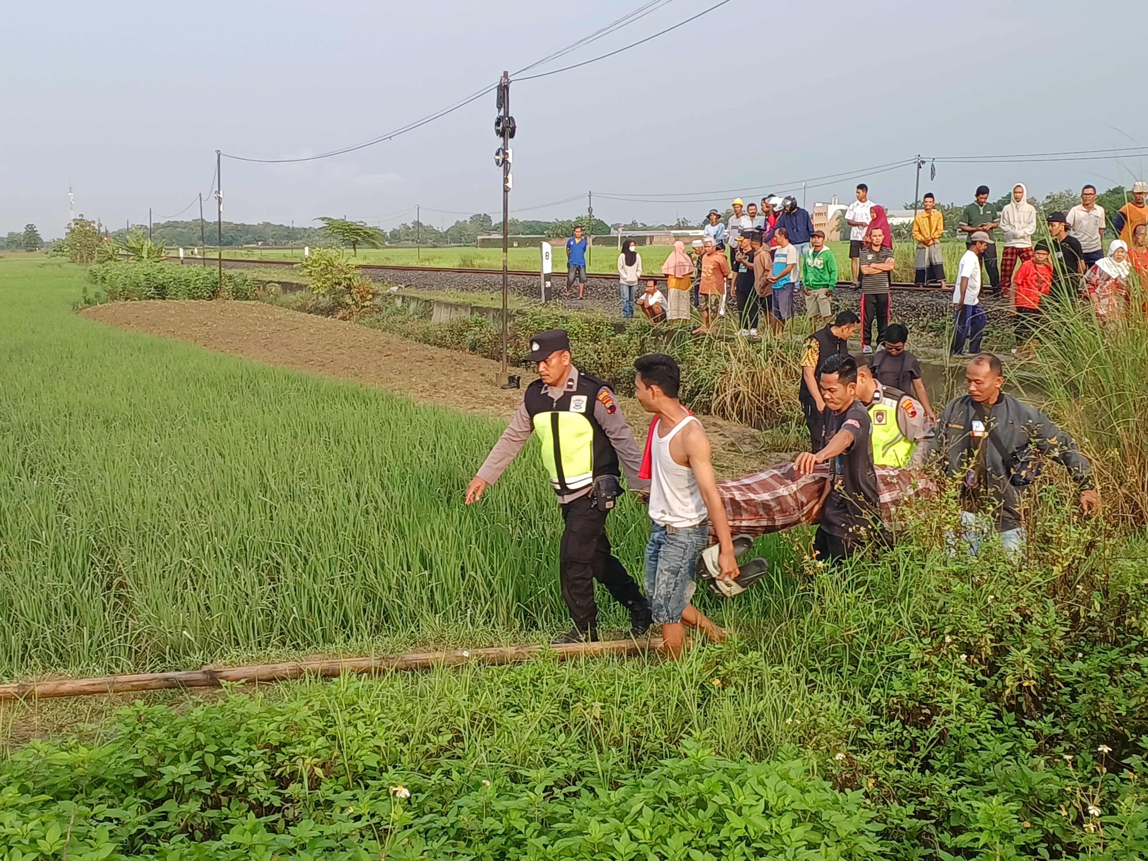 Petugas dan warga melakukan evakuasi korban laka maut Daihatsu Sigra vs KA Pandalungan di Grobogan.